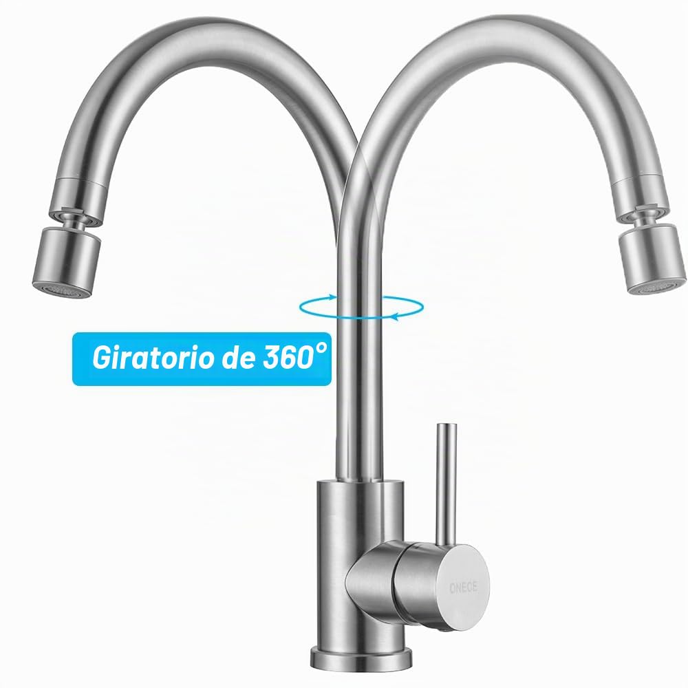 ONECE Grifo Cocina con 2 Modos, Mezclador con Rociador de Caño Giratorio