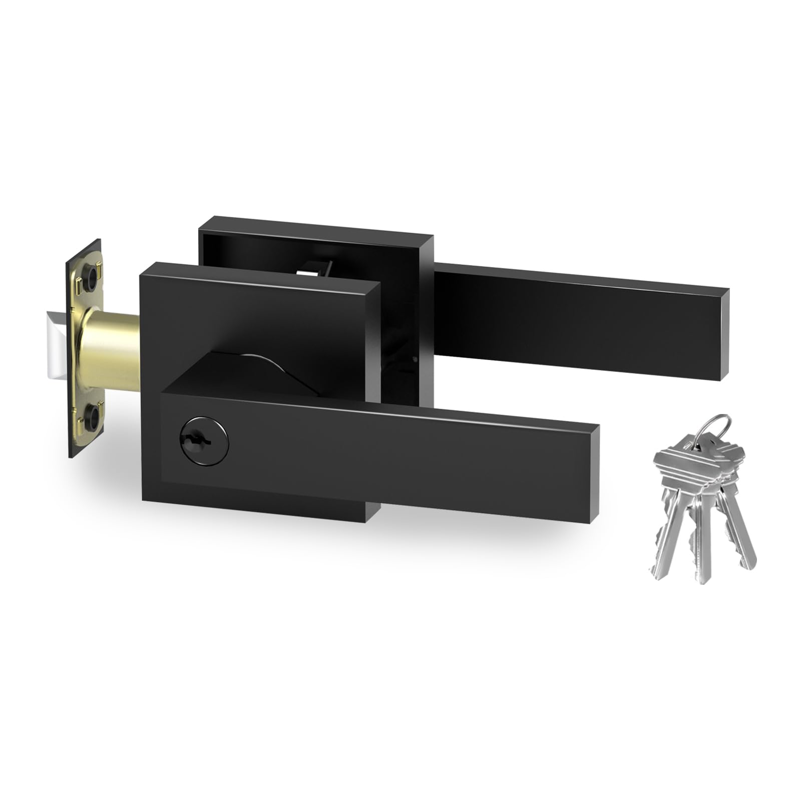 RerishomSquare Black Door Handle Lever, Interior and Exterior Door Handles, Complete Door Lock Set with Deadbolt, Stylish Black Finish, Door Handles Interior, Door Levers, Keyed Entry, 1 Pack