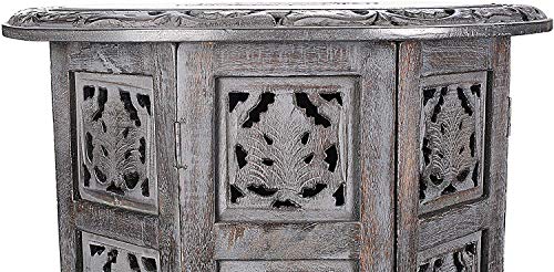 Solid Wood Hand Carved Accent Table, Side Table, entryway Table, Wooden end Table, Bedside Table, Octagonal Wooden Table - 15 Inch Round Top x 15 Inch High - Grey