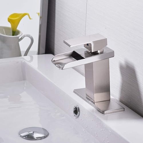 Miniatura 5 de Grifo para fregadero de baño, cascada de níquel cepillado, un solo orificio con níquel cepillado, grifo para fregadero de cocina con rociador