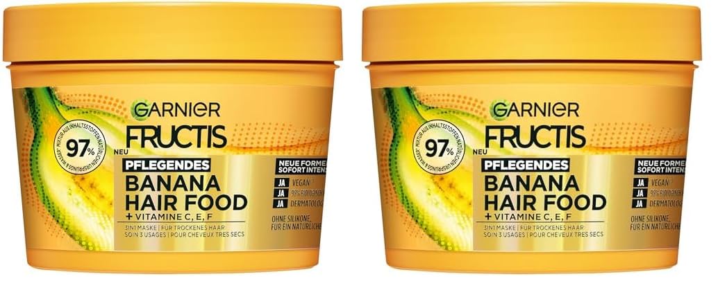 Garnier Fructis Pflegende Bananen Haarmaske, Leave-In für trockenes Haar und mehr Geschmeidigkeit, Anwendung als Spülung, Maske oder Leave-In, Lipidkomplex, Ohne Silikone, Hair Food, 3in1, 400ml
