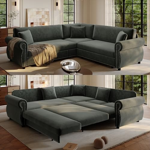 KCGKCG 88.2" Sleeper Sofa Bed, Sectional Couches for Living Room/Apartment, Chenille L Shaped Couch with Pull Out Couch Bed, Convertible Sectional Sofa with Rolled Arm & Nailhead Trim, Dark Grey