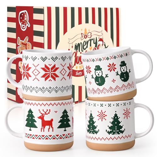 YHRJWN Christmas Mugs Set of 4, Christmas Mugs with Xmas Tree, Snowman, Snowflake, Reindeer Design Pixel Print, Xmas Coffee Mugs for Family Friends, 12 Oz