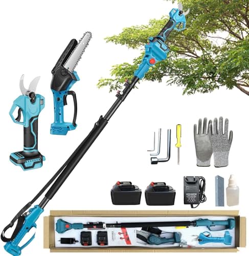 Sierra de pértiga inalámbrica 4 en 1 de 8 pulgadas y tijeras de podar eléctricas con pértiga de extensión de 125-220 cm, con 2 baterías de 13000 mAh, multiángulo para podar ramas de árboles