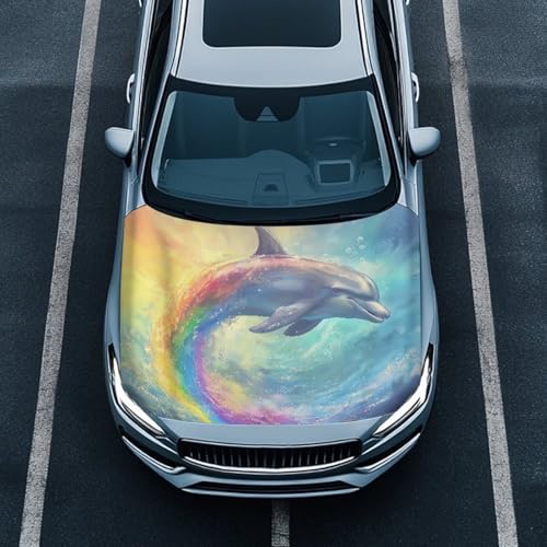 Image of Ocean Dolphin Car Hood Cover Can be Washed, Stretchable Polyester Rainbow Underwater Dolphin Car Bonnet All-Season Protection, Ocean Creature Auto Decor Protector