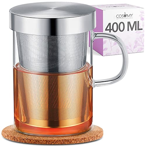 Tasse a The avec Infuseur, Couvercle et Soucoupe - Verre Borosilicate - Mug avec Passoire de 400ml