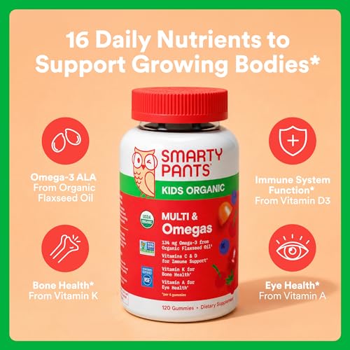 Image of SmartyPants Organic Kids Multivitamin Gummies: Omega 3 (ALA), Beta Carotene, Vitamin B12, B6, A, K & Zinc for Immune Support, Biotin, Vegetarian, Three Fruit Flavors, 120 Count (30 Day Supply)