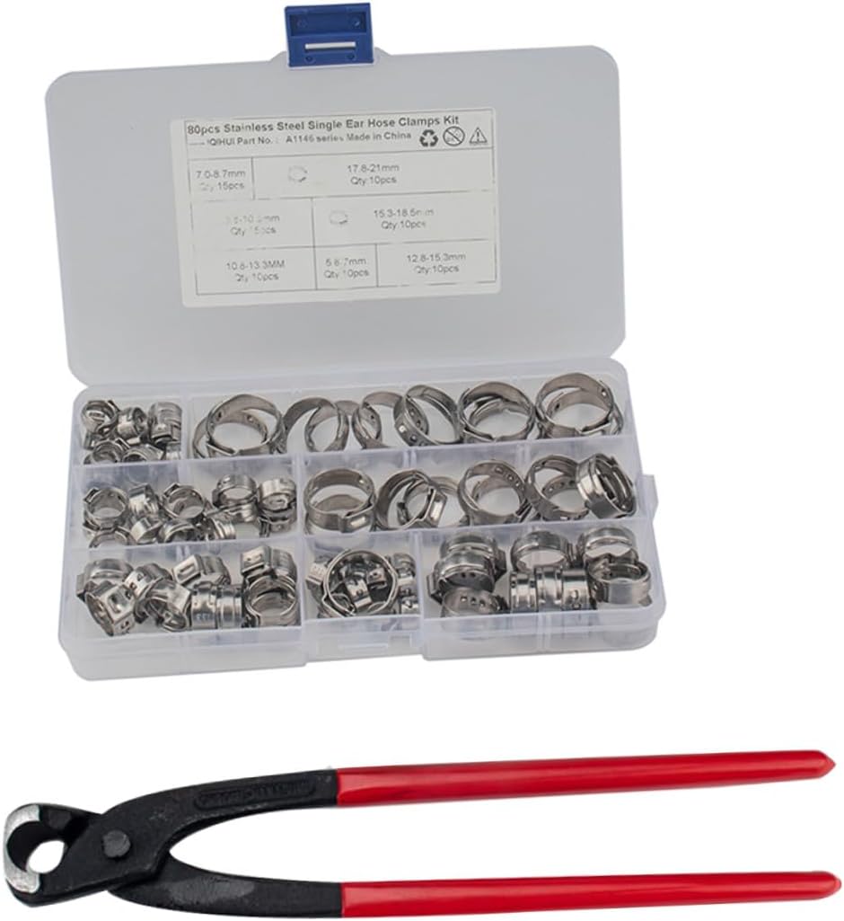 80pcs Stainless Steel Single Ear Hose Clamp Kit, Wide Adjustable Fuel Water Hose Clamps with Crimp Tool, 7 Sizes for Plumbing, Automotive, and Industrial Use