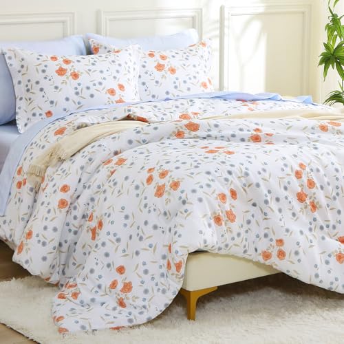 Image of MUXHOMO Orange Blossom Full Comforter Set, Elegant Floral Print Bed in a Bag 7 Pieces, Ultra Soft & Breathable Reversible Botanical Pattern Bedding Set with Comforter, Sheets, Pillowcases, and Shams