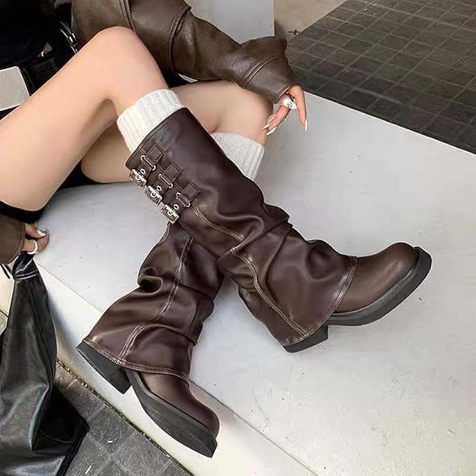 Image of MAVMAX Women Slouchy Knee High Boots Casual Round Toe Pull On Riding Biker Boots Fold Over Chunky Low Heel Platform Boot
