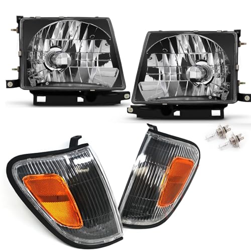 4Pcs Black Amber Headlights + Parking Lights Corner Lamps Assembly Fits 1997 1998 1999 2000 Toyota Tacoma Halogen Head Lights Clear Lens Lights Replace# TO2503120 TO2502120 TO2521154 TO2520154