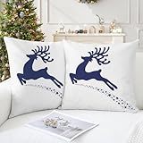 CaliTime Pack of 2 Soft Canvas Throw Pillow Covers Cases for Couch Sofa Home Decoration Christmas Holiday Reindeer with Stars Print 18 X 18 Inches Navy Blue