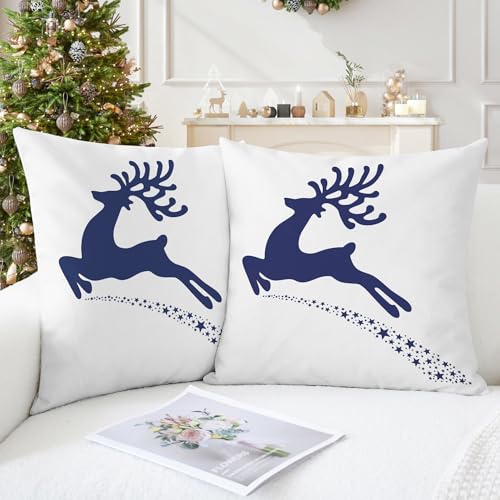 CaliTime Pack of 2 Soft Canvas Throw Pillow Covers Cases for Couch Sofa Home Decoration Christmas Holiday Reindeer with Stars Print 18 X 18 Inches Navy Blue