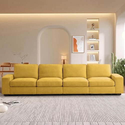 Image of TEKAMON 128 inch Modular Sofa Couch with Seat Storage, Chenille Sofa,Modern Comfy 4-Seater Couch for Living Room, Office, Apart W /Deep Seat, Wide Armrest, USB, Pockets, Removable Covers (Yellow)