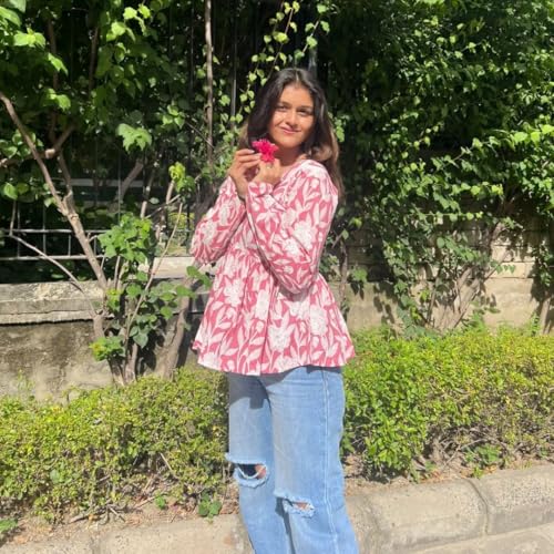 Image of Women's Floral Print Reyon Peplum Top - Casual Loose Fit 3 /4 Sleeve Tunic top, Stylish V-Neck Flared Kurti, Comfortable Everyday Wear
