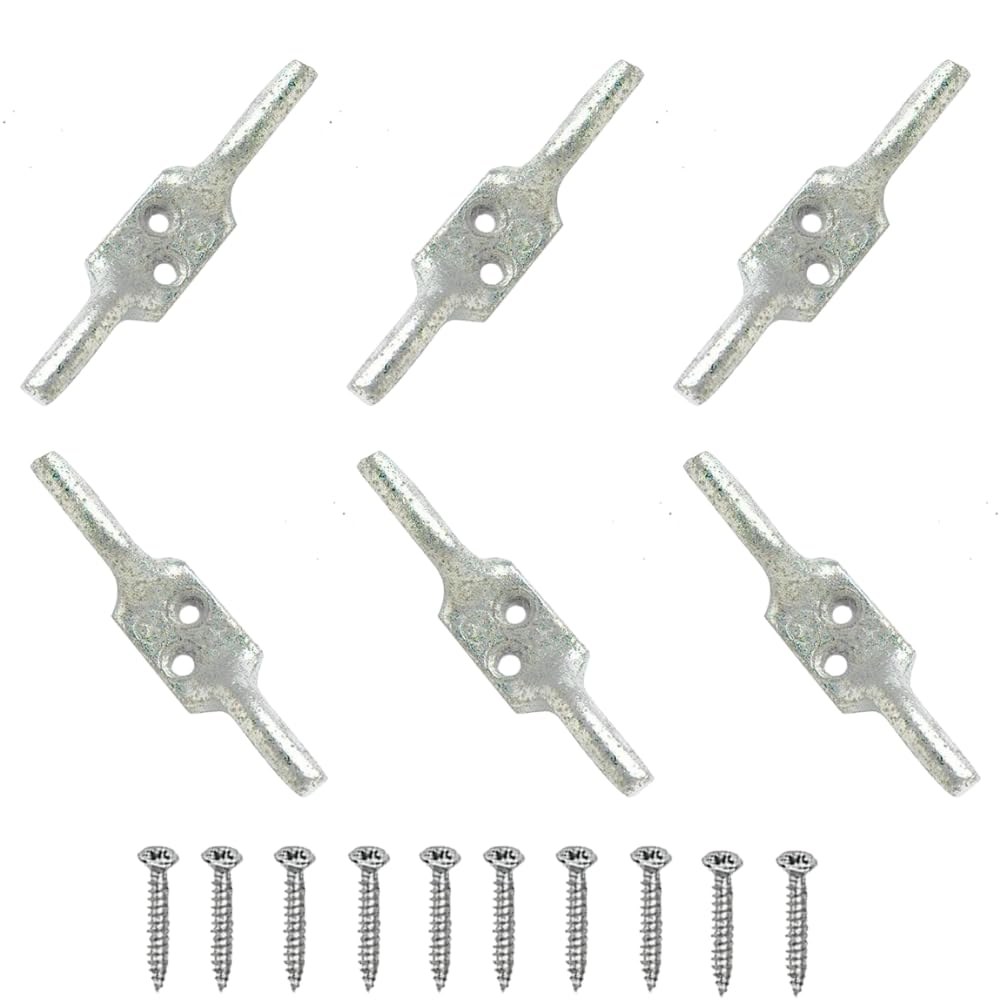 SISI UK Washing Line Cleat Hook 100mm (4 inch) Galvanised Metal Rope Tiebacks Pulley/Washing Line Cord Cleat Hook Large for Blinds Washing Lines with Fixing Screws Pack of 6