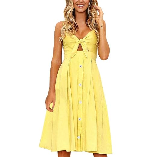 FANCYINN Vestido feminino com gravata frontal verão Midi decote em V floral estampado com botões e alça espaguete vestido