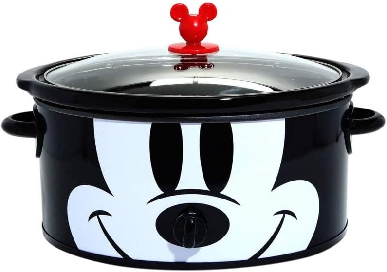 Disney Mickey Mouse 6-Quart Slow Cooker with Trivet by Select Brands - Food & Dip Warmer for Parties - Electric Slow Cooker with Glass Lid & Disney Icon Handle - Includes Mickey Glove Silicone Trivet