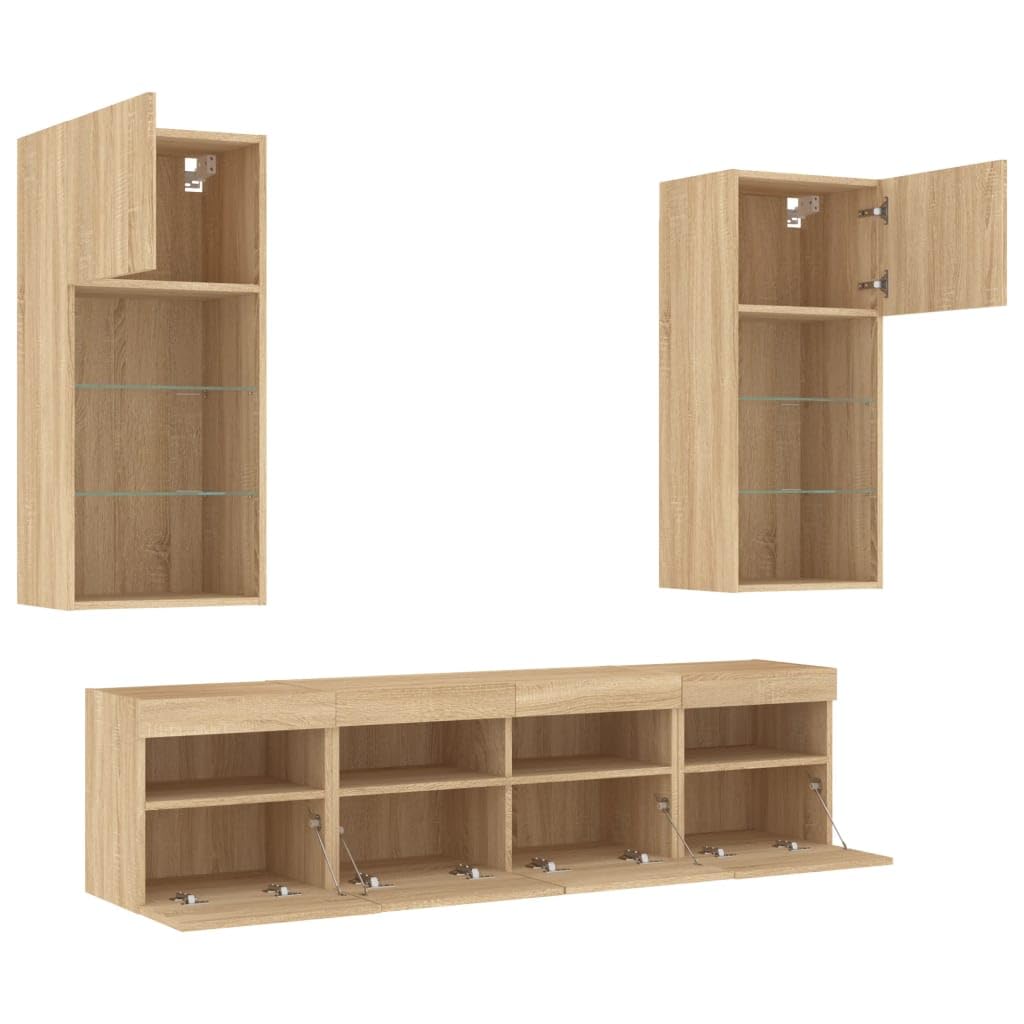 Gecheer 5-TLG.parete per soggiorno, parete con illuminazione a LED, pensile per TV, TV bassa, mobile per TV, TV da salotto, TV, in legno, vetro