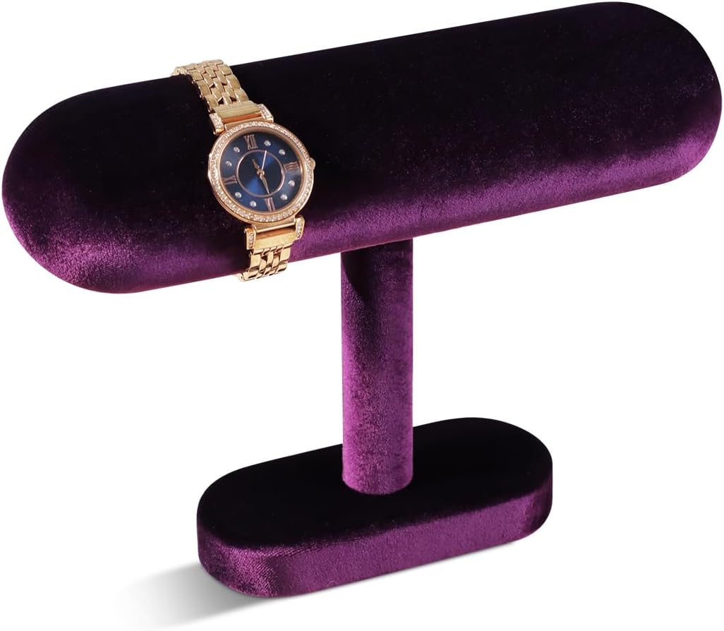 Resilient Velvet Watch Display Stand, T-Shape Jewelry Holder For Bracelet Necklace, Jewellery Store Retail Countertop Display Rack (Purple, Semi-Flat)