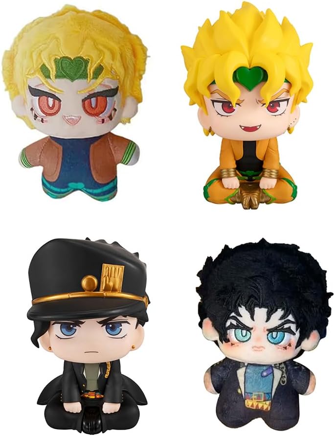 YLQANONG Jotaro Plush Figures Brando Giorno Giovanna Anime Look Up Figure+Plush Set Statues PVC Material Anime Adventure Figurine 10CM