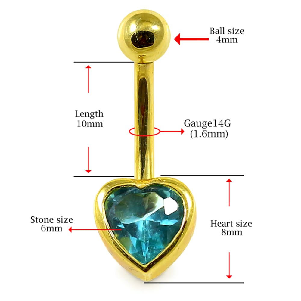 Monster Piercing Piercing de ombligo de oro amarillo macizo de 14 quilates, 6 mm, con forma de corazón de aguamarina de 6 mm