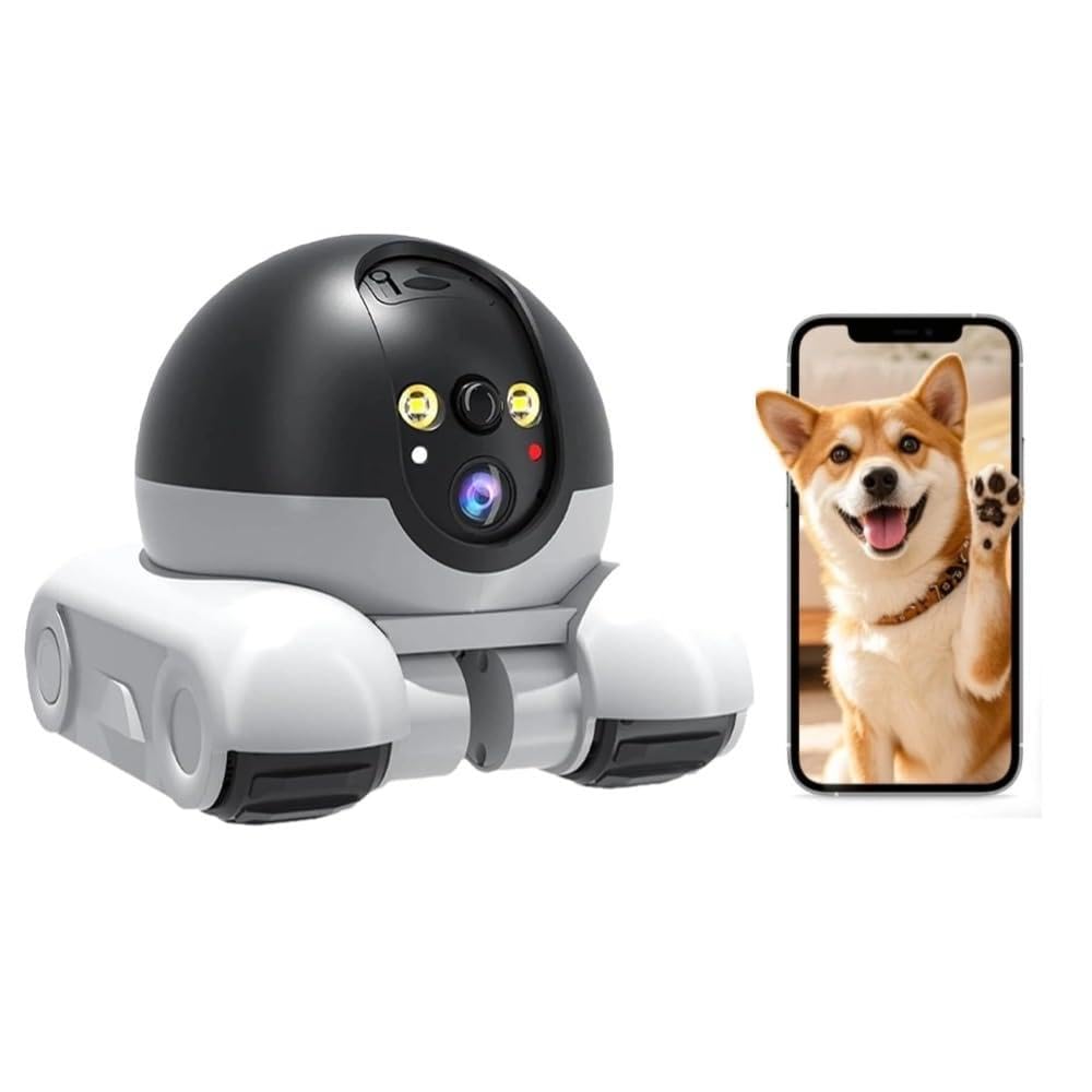 Lvssiao Robot con Telecamera per Animali Domestici, Telecamera di Sicurezza Robot Wi-Fi con Ruote 1080P Doppio Obiettivo Controllo Remoto per Casa Lavoro Animali Domestici, Scheda da 64G Inclusa