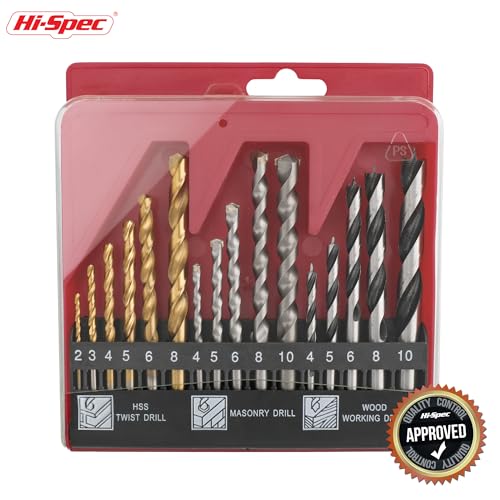 Image of Hi-Spec 16pc Compact Multi Steel Drill Bit Box Case Set. HSS Titanium Coated, Brad Points & Masonry Mixed Drill Bits for Metal, Wood, Plastics & Brick