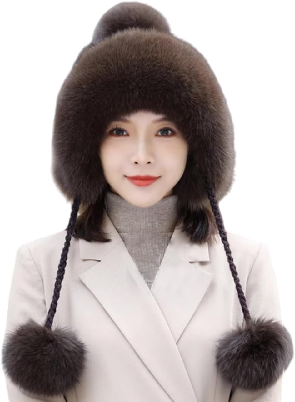 Women Winter Hat Girls Real Mink Hair Cap Skullies Beanies Fox Hair Trimmed Pompom Warm Outdoor