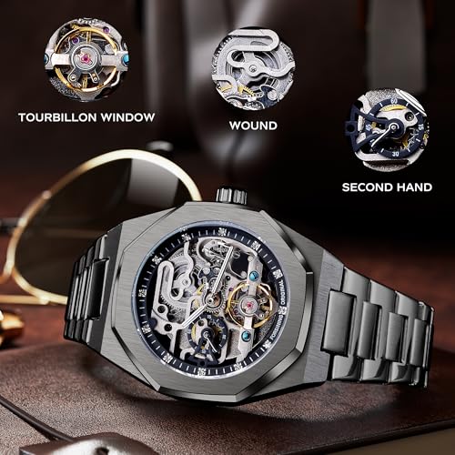Image of FORSINING Vintage Watch for Men Engraved Automatic Self-Wind Mechanical Big Dial Luminous Moon Phase Golden Hollow Tattoo Pattern Wrist Watches, Mechanical
