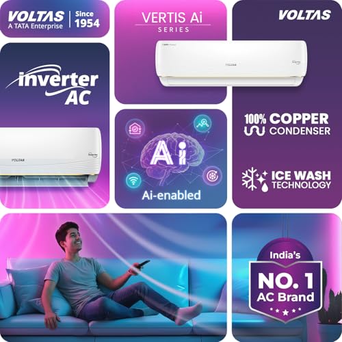 Image of Voltas 1.5 ton 3 Star, New star rated, Inverter Split AC (Copper, Convertible 6-in-1 cooling modes, Ai Enabled, 4-way Swing, Sleep Mode, Auto Clean (183INV VERTIS AI ZEST GOLD, White)