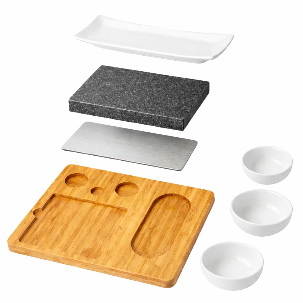 Lavastein Steakbrett 2 Sets, Servierplatte, Bambusbrett mit Hot Stone Grill, Steak Grillplatte, Steinplatte, Tischgrill Grill Set
