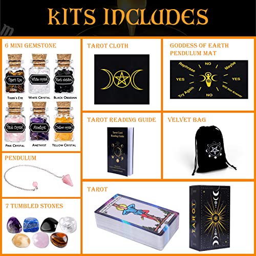 YixangDD Tarot Cards with Guide Book 18 Pcs Include 1 Deck of 78 Cards, 6 Mini Crystal Jars, 7 Chakra Stones,1 Spirit Pendulum, 1 Cloth, 1Goddess of Earth Pendulum mat, 1 Velvet Bag