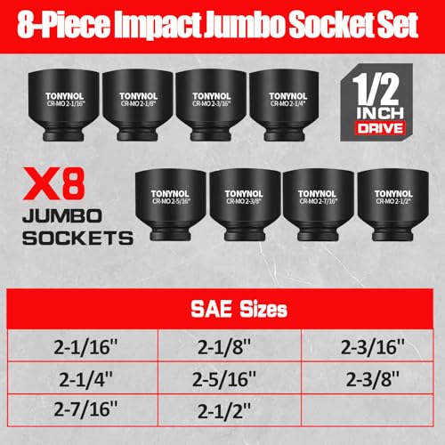 Image of TONYNOL 1 /2 Inch Drive Impact Jumbo Socket Set,6-Point,SAE(2-1 /16 inch to 2-1 /2 inch),8 Pcs,Cr-MO Steel,With a Storage Case