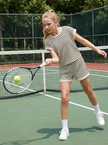 Image of Girls Summer Outfits Striped T-Shirt & Shorts Set for 5-14Y | Kids 2 Piece Clothing, Breathable Textured Tops and Bottoms with Pockets, Great for Casual Wear, School, Sports or Vacation