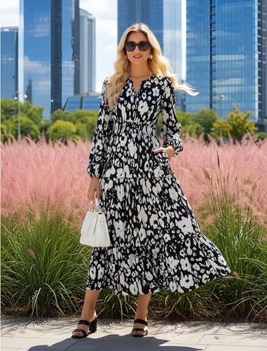 Image of GRACE KARIN Women's Floral Maxi Dress 2026 Fall Long Sleeve V Neck Empire Waist A Line Flowy Dress with Pocket