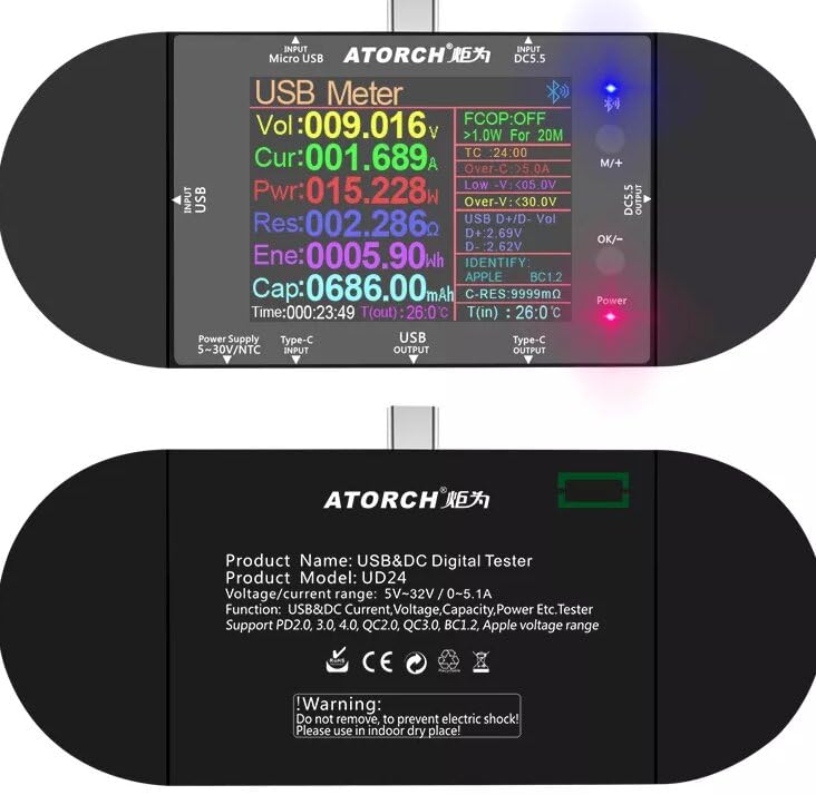 UD24 2.4" inch USB Tester DC5.5 Type-C Digital Voltmeter Ammeter Power Bank Voltage Detector Volt QC PD Electric Meter for APP(UD24+NTC)