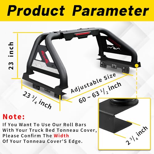Image of MONOKING Roll Bar for Full Size Truck with Brake Light, Adjustable Chase Rack Sports Bar for 2007-2026 F150 F250 F350 Raptor Lightning Silverado /GMC Sierra /Ram 1500 2500 3500 Tundra Titan Pickup