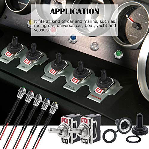 Rustark 5 Pcs Heavy Duty 2 Pin On/Off 15A 250V 20A 125V Rocker Toggle Switch With 5 Pcs Rubber Waterproof Boot Cover, 10 Pcs 12V Led Metal Indicator Dash Light Auto Accessories For Car Truck Boat #TOP5