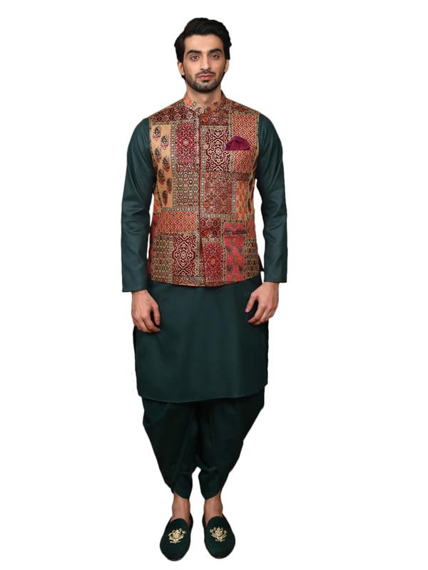 Image of KISAH Men's Navy Blue Printed Cotton Kurta - Regular Fit Long Tunic with Mandarin Collar | Ethnic Wear for Weddings & Festive Occasions