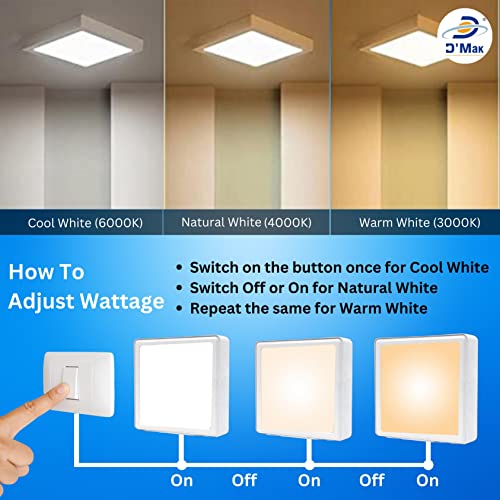 Image of D'Mak 15 Watt Square PC LED Surface Panel Ceiling Light, Poly Carbonate Powder Coated, Surface Mounted LED Light, Energy Saving Lights for Living Room, Bedroom and Hall (3IN1 (WH,WW,NWH), 10)