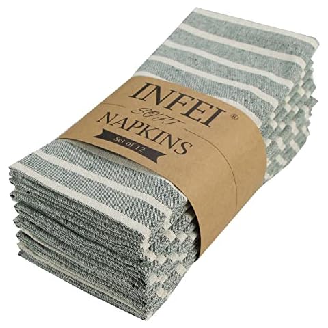INFEI Broad Striped Cotton Blended Dinner Cloth Napkins - Set of 12 (40 x 30 cm) - for Christmas Events & Home Use (Green) Cover