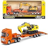 Picture of Gemini&Genius Flat Trailer Excavator Toys Set for Kids, Heavy Duty Alloy Construction Vehicle Toys, 1:50 Scale 13" Length Diecast Trailer Truck, Truck with Digger Set for Kids (2 in 1)