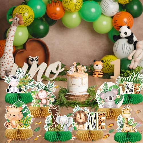 Image of Wild One Birthday Decorations Jungle Baby Shower Honeycomb Centerpieces for Boys and Girls,8 Pcs Safari Centerpieces and Confetti Table Decorations, Safari Jungle Animals Party Decor