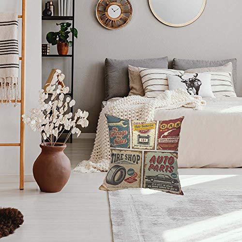 Hosnye Vintage Car Service Cotton Linen Throw Pillow Case Auto Parts Gas Tire Shop Garage Auto Batteries Pillow Cushion Covers Home Sofa Decorative 18 X 18 Inch #TOP4
