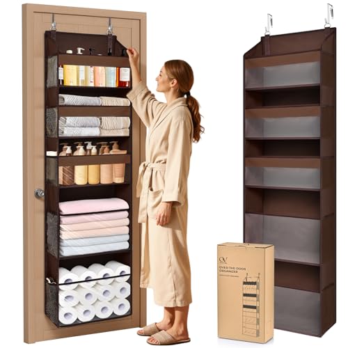 Ordovibe 5 Tiers Over Door Organizer with 10 Mesh Side Pockets, 44 lbs Weight Capacity Hanging Storage Organizer with Clear Window Kids Toys, Shoes, Diapers, Dark Brown
