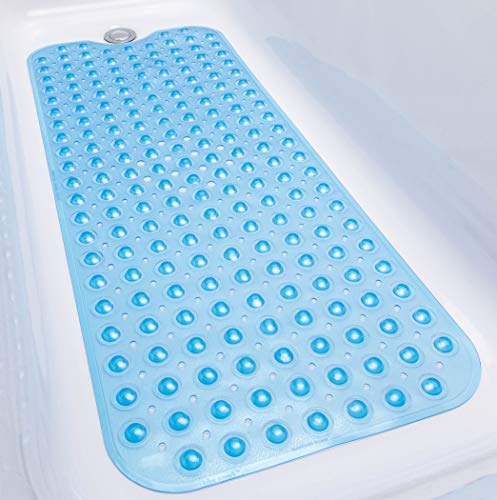 Tike Smart Extra-Long Non-Slip Bathtub & Shower Mat 39”X16” (Smooth/Non-Textured Tubs Only) Safe, Clean, Machine-Washable, Superior Grip&Drainage, Vinyl, Transparent Light Blue #TOP4