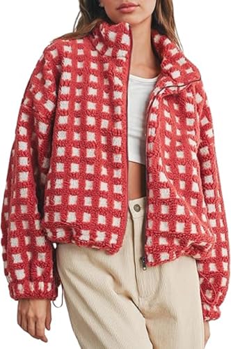 Yoawdats Womens Cute Sherpa Fleece Jacket Fuzzy Zip Up Checkered Cropped Going Out Jacket Teddy Fluffy Casual Outerwear