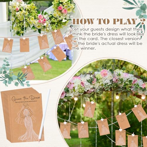 Sinload 30 Sets Guess the Dress Bridal Shower Games for Guests Wedding Shower Games Cards Water Soluble Pencils with Fun Heart Wooden Clip and 1 String Rope Wedding Party Supplies Games Ideas