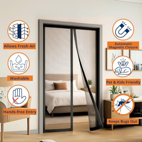 Image of Royalkart 90x215cm Black | Magnetic Mosquito Net for Door | Fiberglass Screen Curtain with 34 Magnets | Auto-Closing Mesh to Keep Mosquitoes Out
